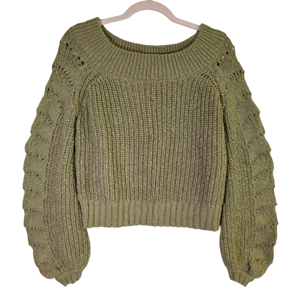 PILCRO Women's XS Olive Cotton Knit Cropped Chunky Knit Sweater Balloon Sleeves‎